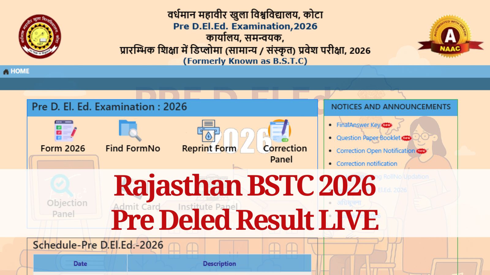BSTC Pre Deled Result Date, Time, Official Website Direct Link at predeledraj2026.com, predeledraj2026.in