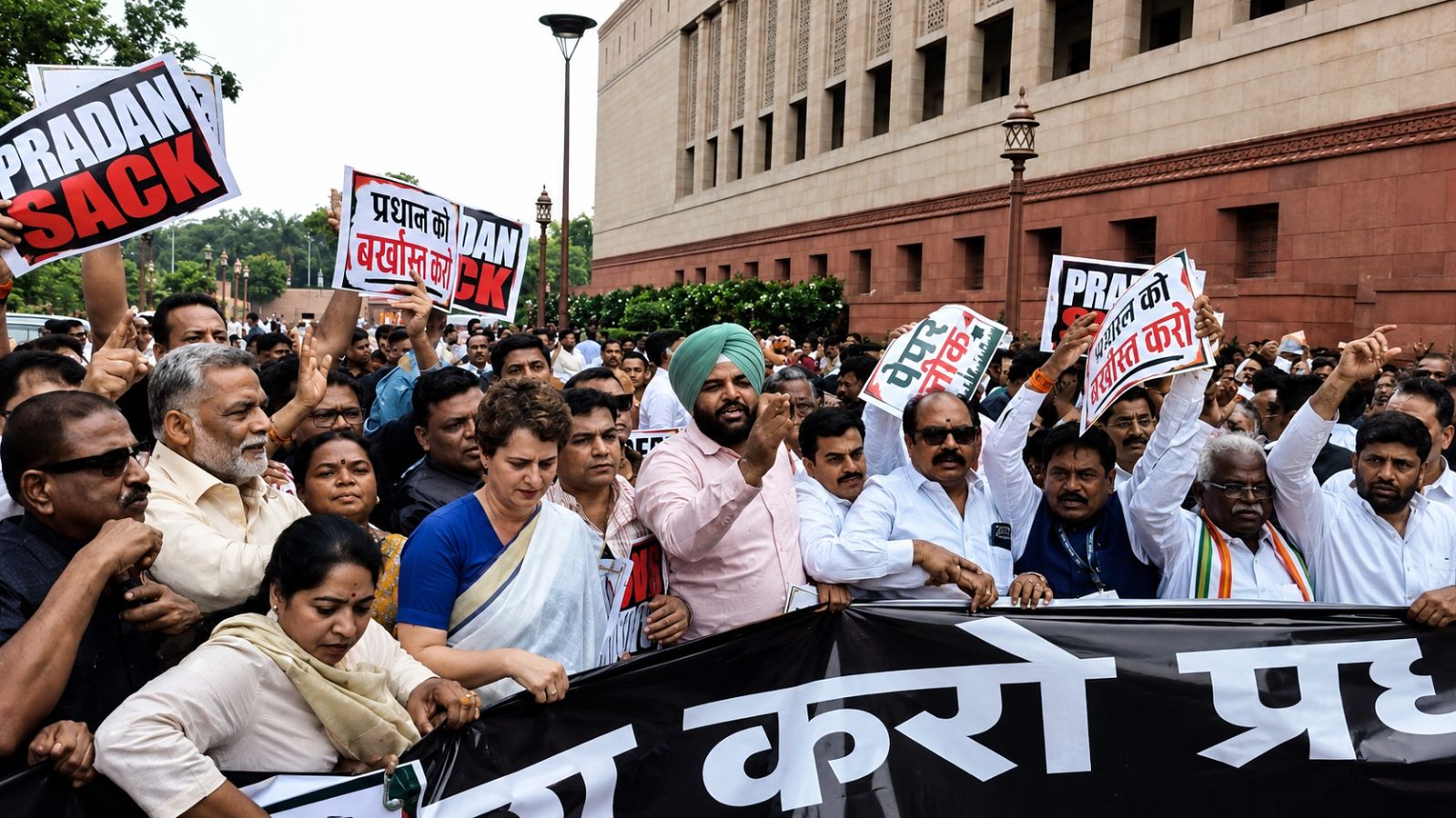 Slogan vs slogan at Parliament entrance as NDA, Opposition hold protests | India News